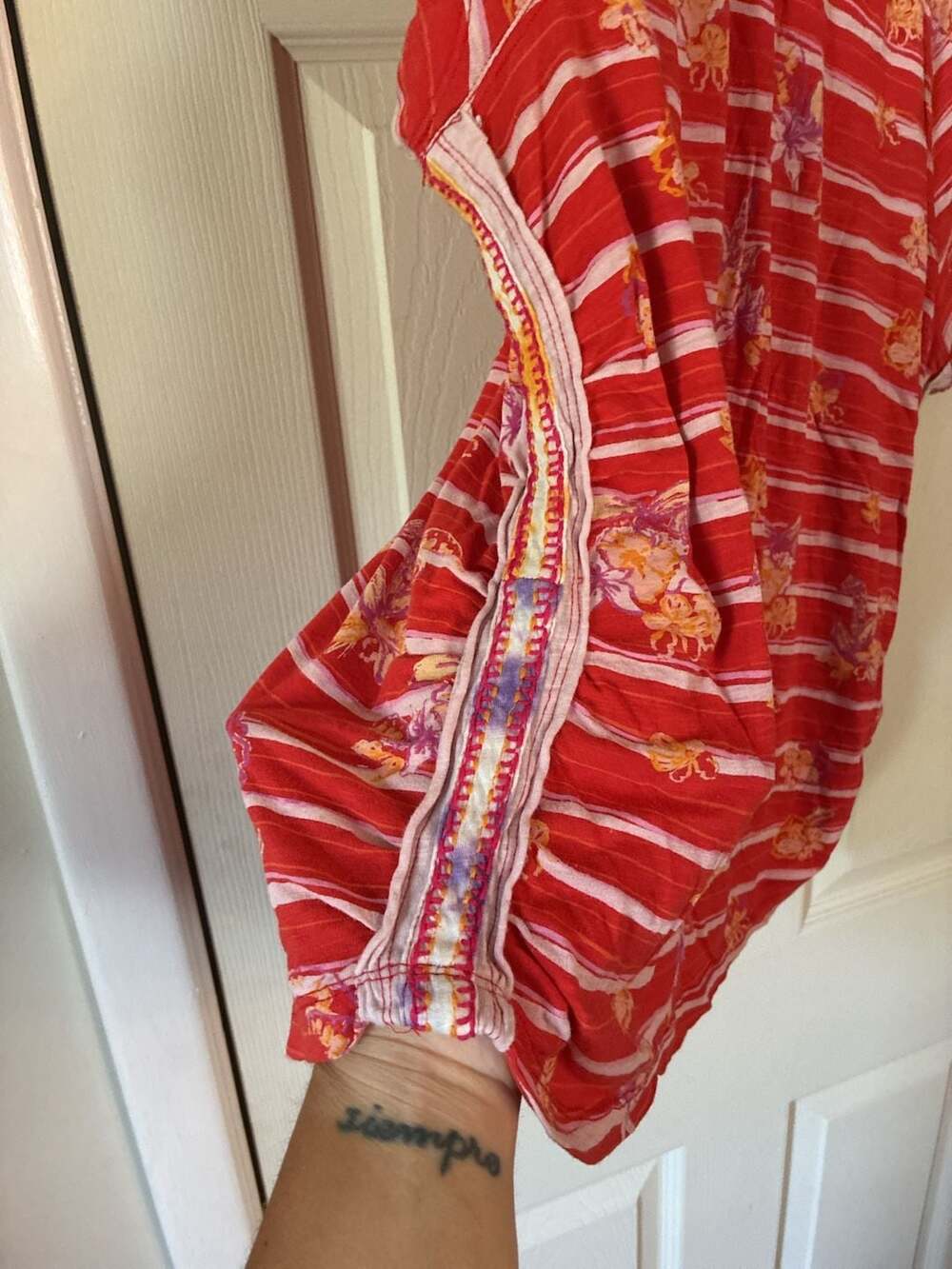 We The Free Red Striped Floral Embroidered Cap Sleeve Tee - Picture 3 of 6